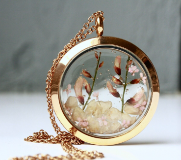 Kette Medaillon Blüte Resin rosegoldfarben Edelstahl Terrarium Kette